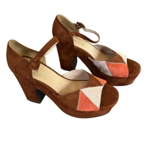 Chelsea Crew Brown &amp; Orange color block Suede quilted Platform peep toe size 40