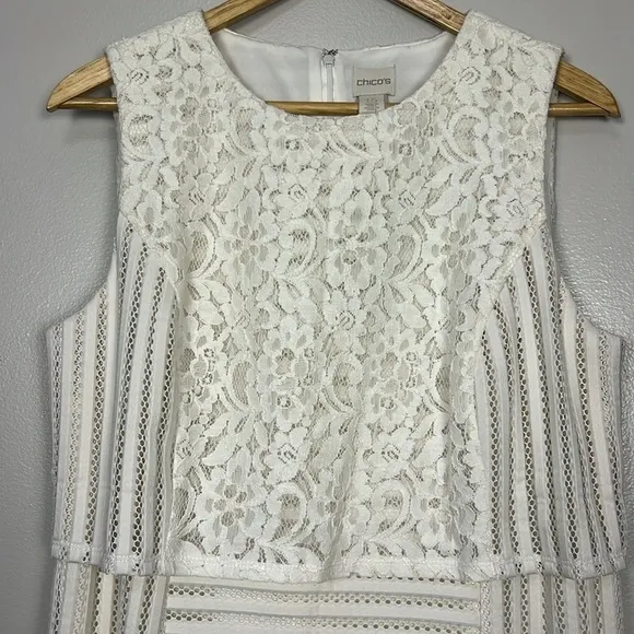 Chico’s Ecru Sheath Dress Elegant White Lace Overlay NWT