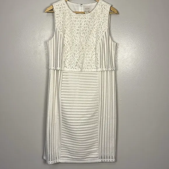 Chico’s Ecru Sheath Dress Elegant White Lace Overlay NWT