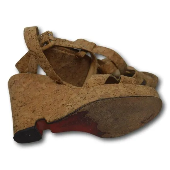 Christian Loboutin Cork Ankle Strap Wedge Block Heel Sandals Shoes Size: 38 / 8