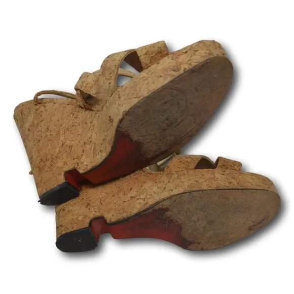 Christian Loboutin Cork Ankle Strap Wedge Block Heel Sandals Shoes Size: 38 / 8