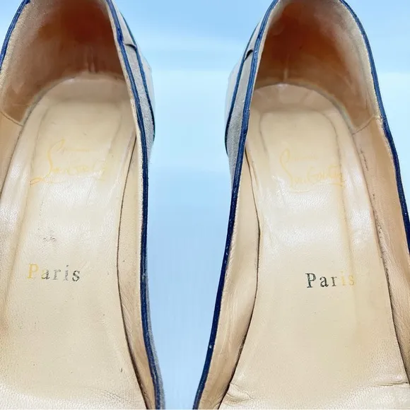 Christian Louboutin Beige w/Brown Peep-Toe High Heeled Wedge Shoes-Size 38 1/2