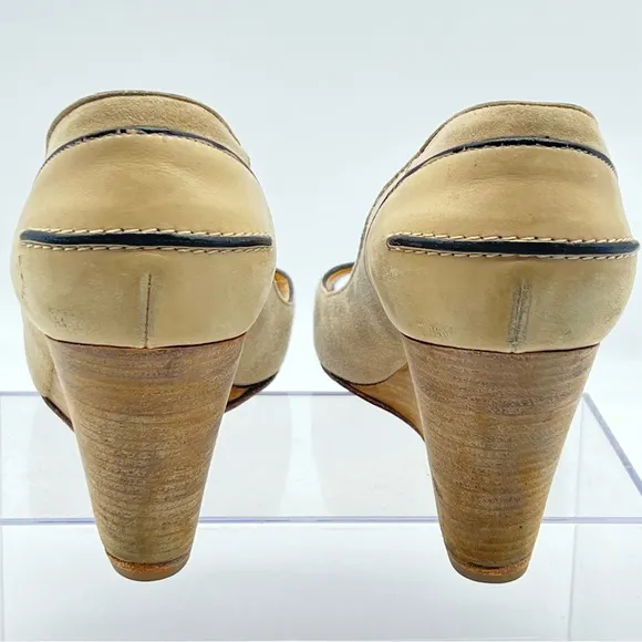 Christian Louboutin Beige w/Brown Peep-Toe High Heeled Wedge Shoes-Size 38 1/2