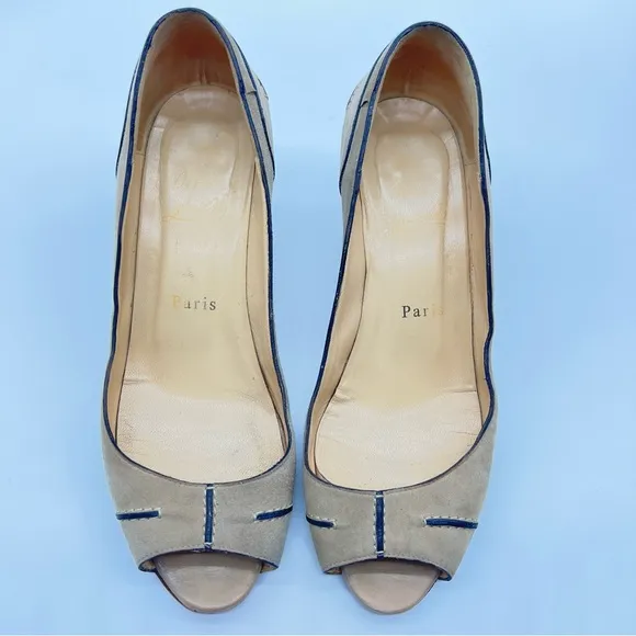 Christian Louboutin Beige w/Brown Peep-Toe High Heeled Wedge Shoes-Size 38 1/2