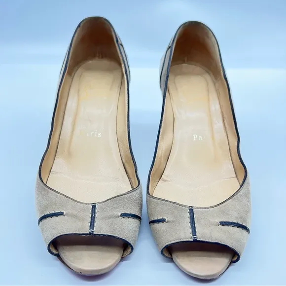 Christian Louboutin Beige w/Brown Peep-Toe High Heeled Wedge Shoes-Size 38 1/2
