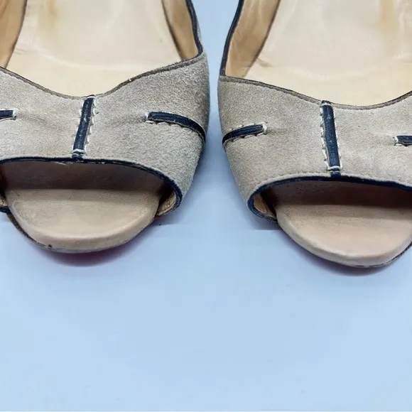 Christian Louboutin Beige w/Brown Peep-Toe High Heeled Wedge Shoes-Size 38 1/2