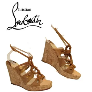 Christian Louboutin Cork Wedge Suede Sandals Womens Size 8 38.5 Italy Made Shoes