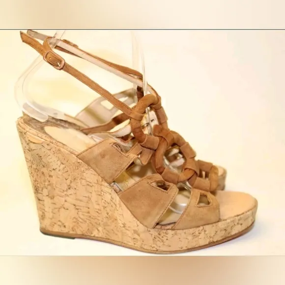 Christian Louboutin Cork Wedge Suede Sandals Womens Size 8 38.5 Italy Made Shoes