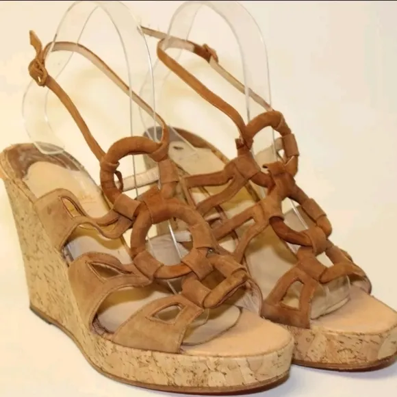 Christian Louboutin Cork Wedge Suede Sandals Womens Size 8 38.5 Italy Made Shoes