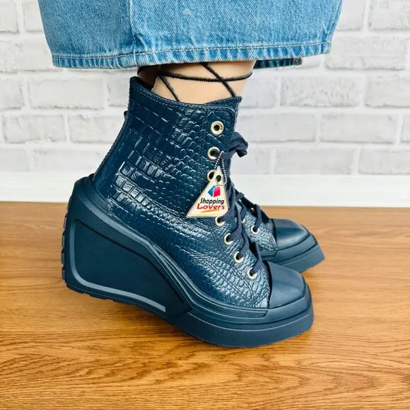 ❤️❤️Chuck 70 De Luxe Wedge Platform Leather Sneakers 7 Women Shoes Blue A10037C