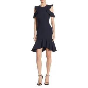 Cinq A Sept Micah Ruffle Dress Knee Length Sheath Cold Shoulder Navy Blue 2