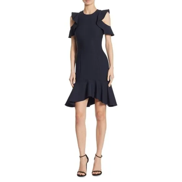 Cinq A Sept Micah Ruffle Dress Knee Length Sheath Cold Shoulder Navy Blue 2