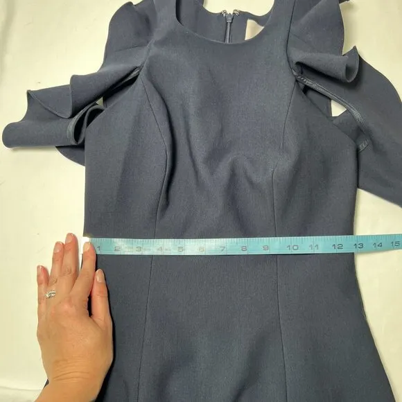 Cinq A Sept Micah Ruffle Dress Knee Length Sheath Cold Shoulder Navy Blue 2