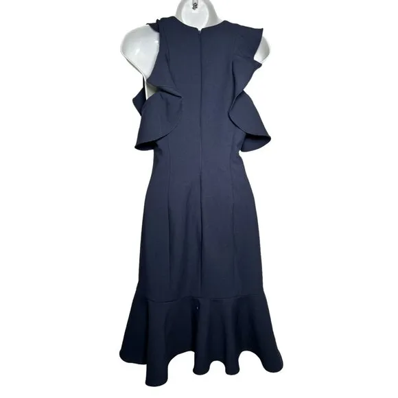 Cinq A Sept Micah Ruffle Dress Knee Length Sheath Cold Shoulder Navy Blue 2