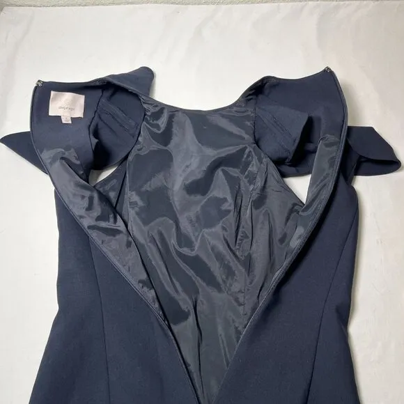 Cinq A Sept Micah Ruffle Dress Knee Length Sheath Cold Shoulder Navy Blue 2