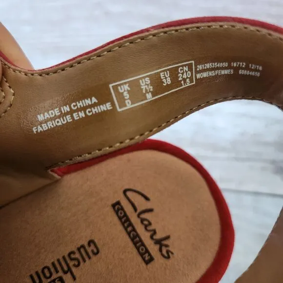 Clarks Collection Reedly Juno Red Sandals Women Size 7.5 Wedge Soft Cushion Shoe