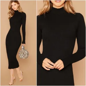 Classic Black mock neck  fitted midi dress