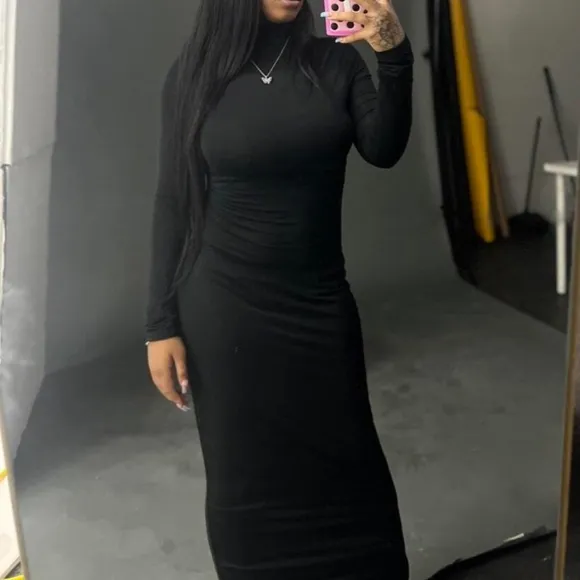 Classic Black mock neck  fitted midi dress