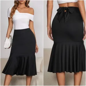 Classic Black Ruffle Hem Midi Skirt