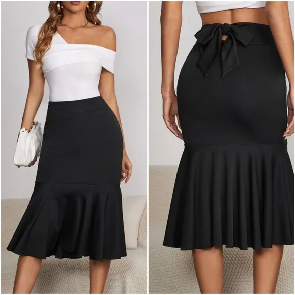 Classic Black Ruffle Hem Midi Skirt