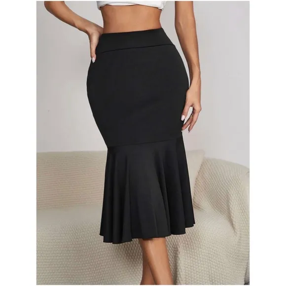 Classic Black Ruffle Hem Midi Skirt