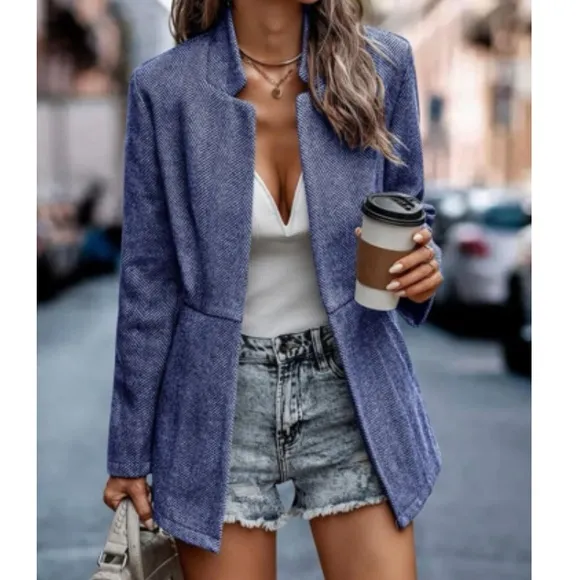 Classic Blue Herringbone Blazer Jacket Coat
