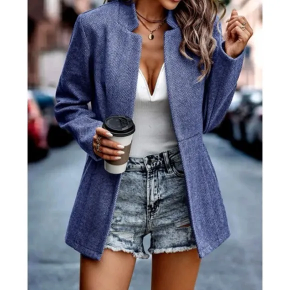 Classic Blue Herringbone Blazer Jacket Coat