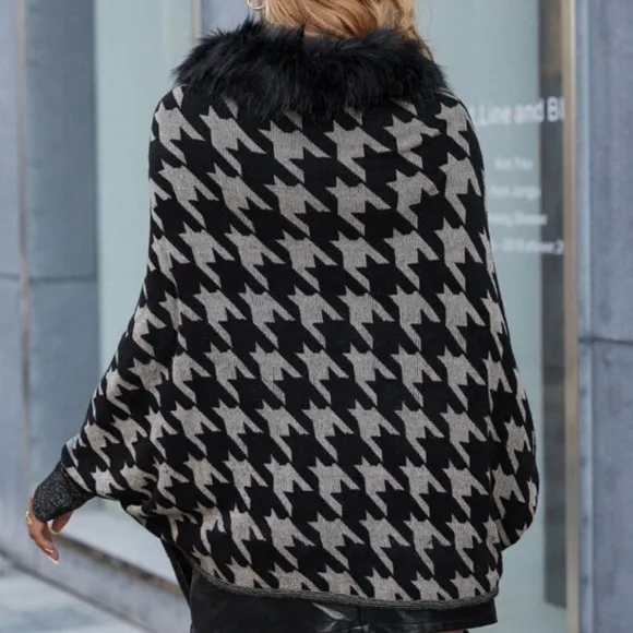 Classic Burgundy Houndstooth Vegan Fur Cardigan