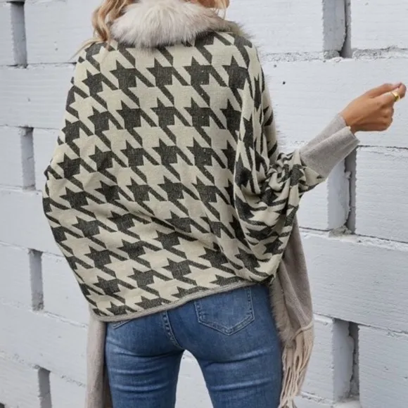 Classic Burgundy Houndstooth Vegan Fur Cardigan