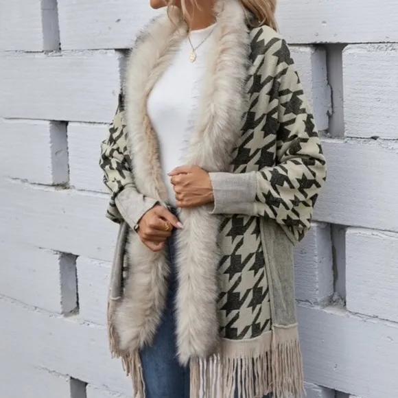 Classic Burgundy Houndstooth Vegan Fur Cardigan