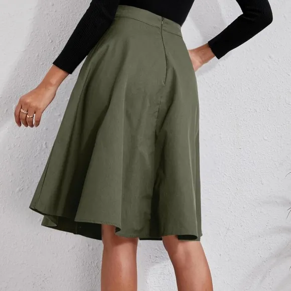 Classic Button Detail Pocket Flared Midi Skirt
