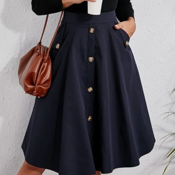 Classic Button Detail Pocket Flared Midi Skirt