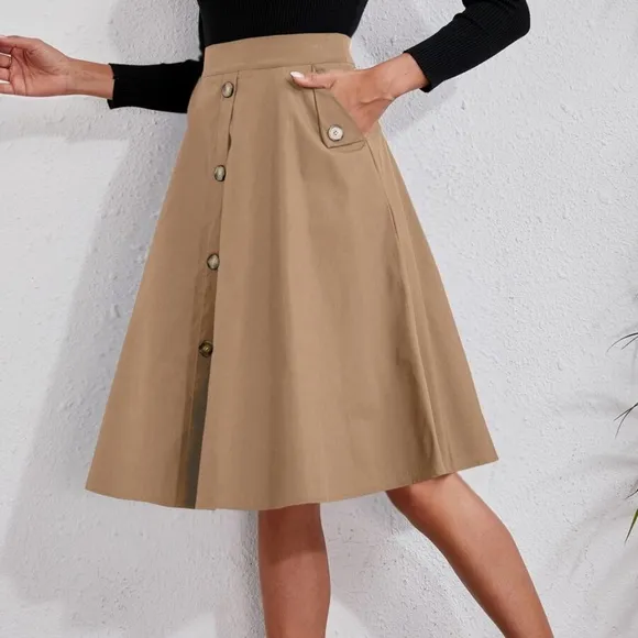 Classic Button Detail Pocket Flared Midi Skirt