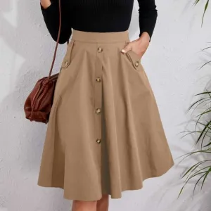 Classic Button Detail Pocket Flared Midi Skirt