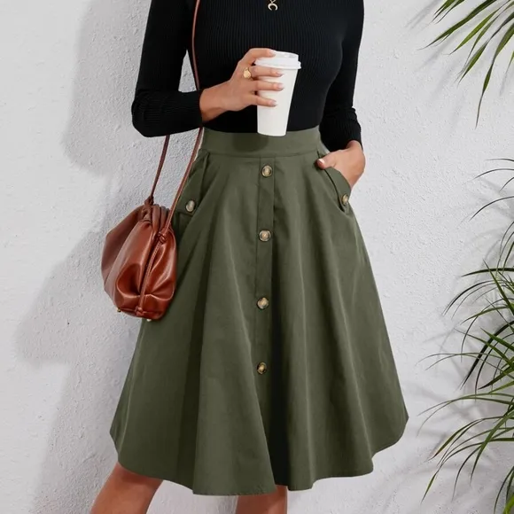 Classic Button Detail Pocket Flared Midi Skirt