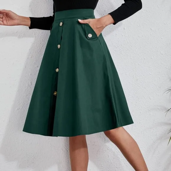 Classic Button Detail Pocket Flared Midi Skirt