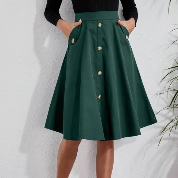 Classic Button Detail Pocket Flared Midi Skirt