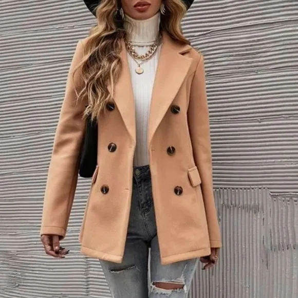 Classic Camel Double Breast Button Up Jacket Coat