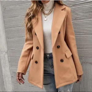 Classic Camel Double Breast Button Up Jacket Coat