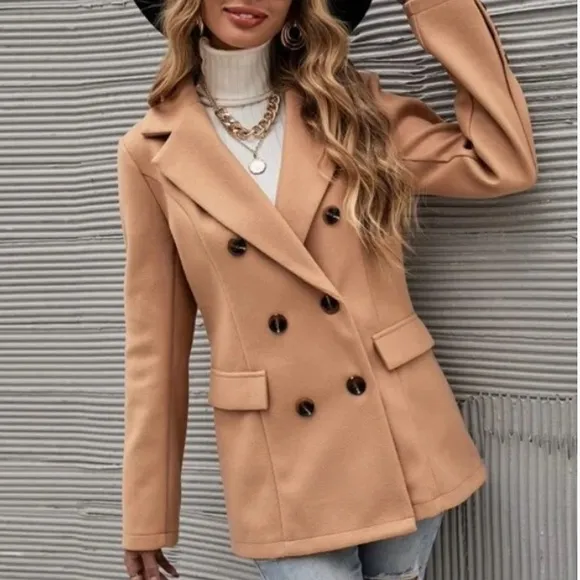 Classic Camel Double Breast Button Up Jacket Coat