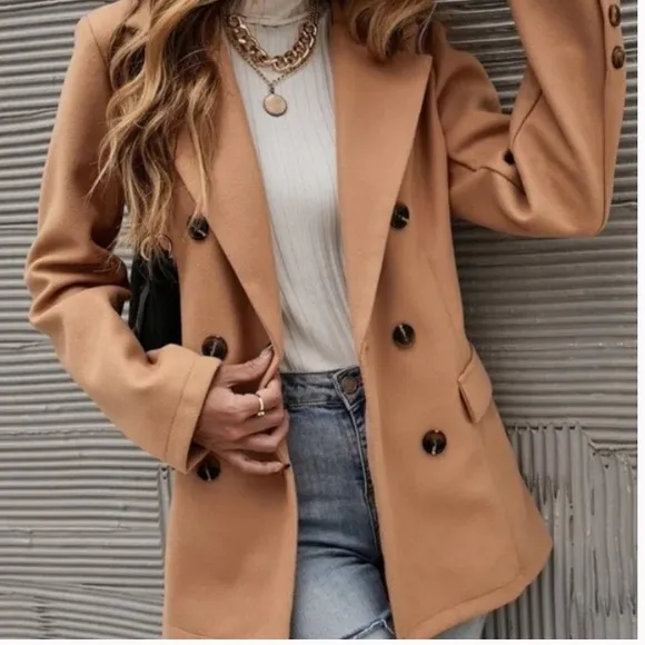 Classic Camel Double Breast Button Up Jacket Coat