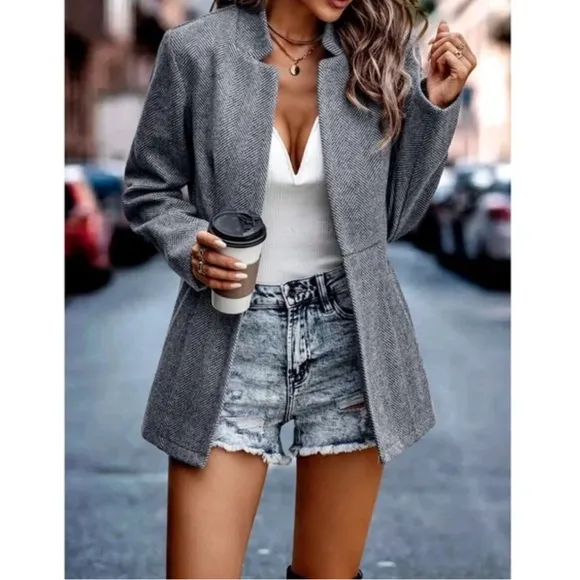 Classic Charcoal Herringbone Blazer Jacket Coat