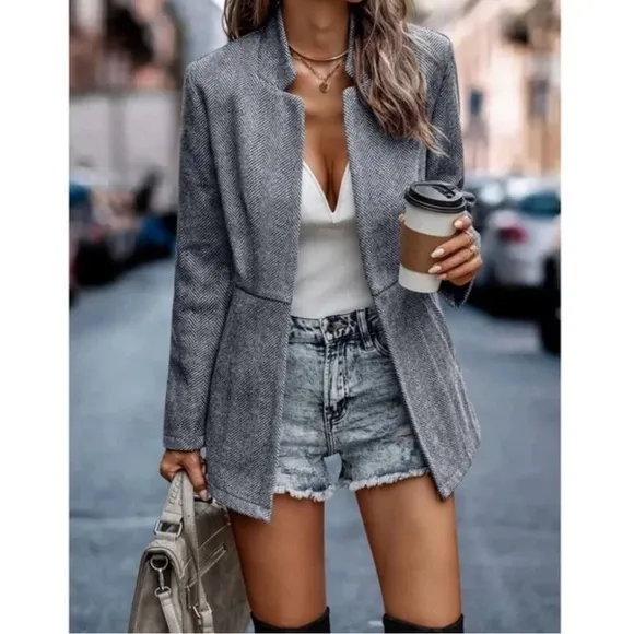 Classic Charcoal Herringbone Blazer Jacket Coat