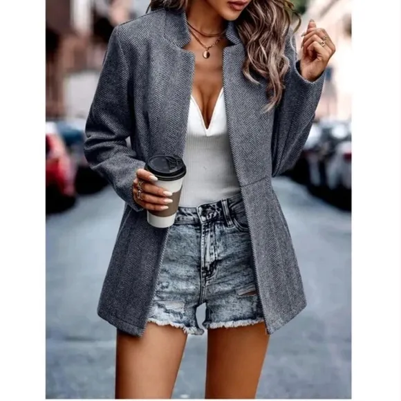 Classic Charcoal Herringbone Blazer Jacket Coat