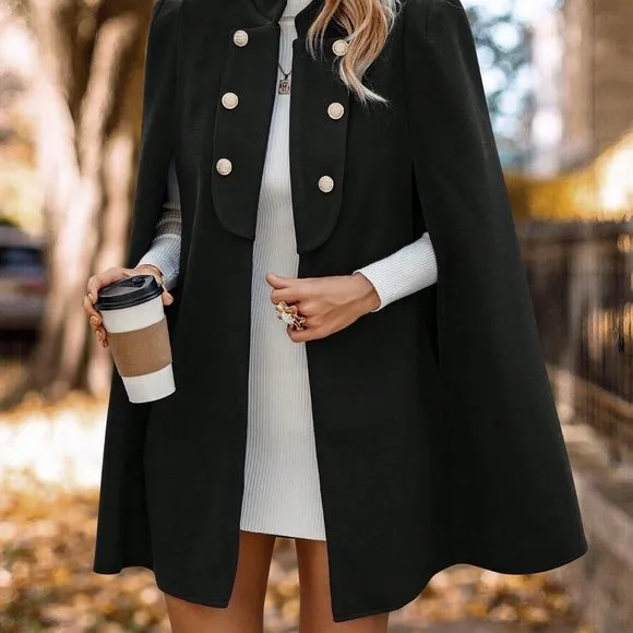 Classic Cloak Sleeve Double Breasted Cape Overcoat Black
