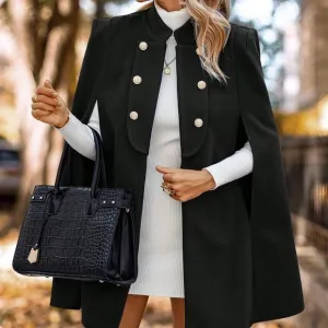 Classic Cloak Sleeve Double Breasted Cape Overcoat Black