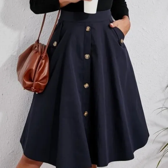 Classic Dark Green Button Detail Pocket Midi Skirt Work