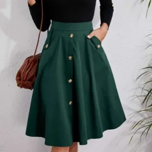 Classic Dark Green Button Detail Pocket Midi Skirt Work