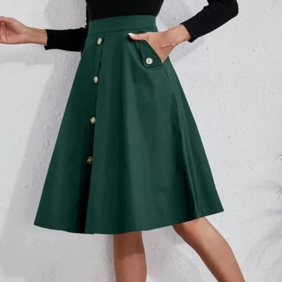 Classic Dark Green Button Detail Pocket Midi Skirt