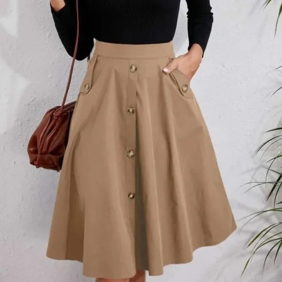 Classic Dark Green Button Detail Pocket Midi Skirt